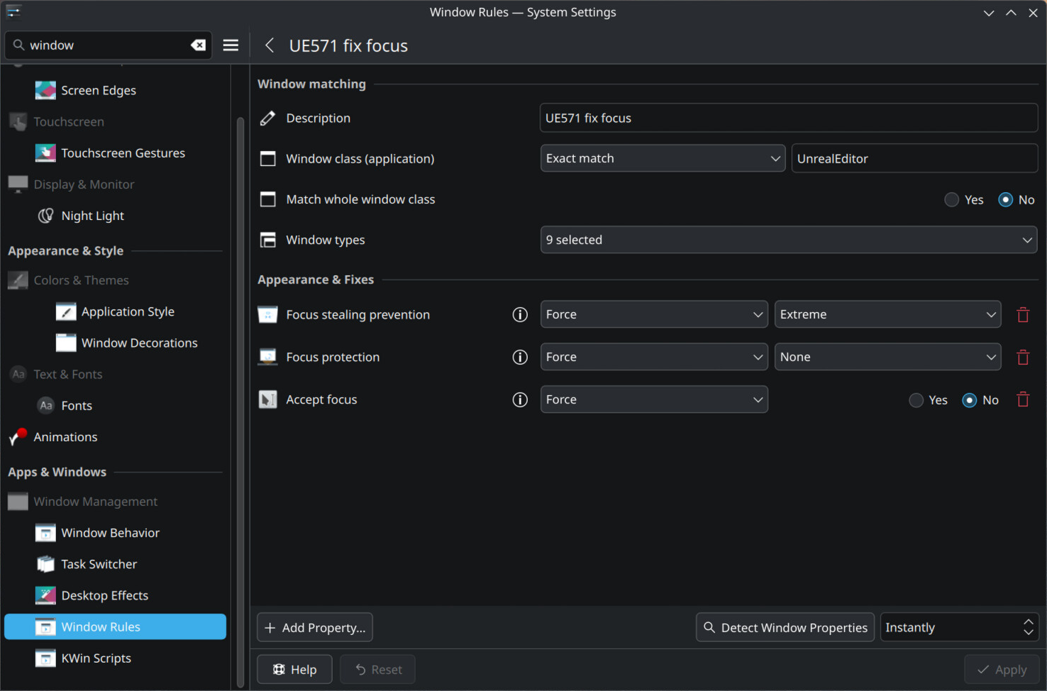 Screenshot Plasma / KDE Window Rules for UE 5.7